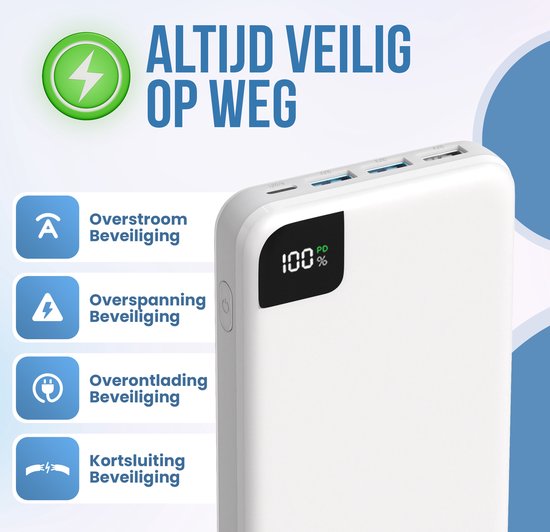 Strex Powerbank Wit - 27.000 mAh - 22.5W Snellader - USB-A/USB-C - LED Indicatie - Universele Powerbank geschikt voor o.a. iOS/Android