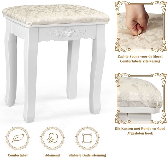 Coast Klassieke Kaptafel met Krukje - LED Lampen - Make up Tafel - 75 x 40 x 146cm - Wit