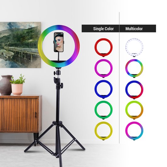 Magnify® 10" Ringlamp met Statief - 186cm Hoog - 2 Telefoonhouders - Bluetooth Shutter - TikTok - 99+ Kleuren - Inclusief Mini Statief