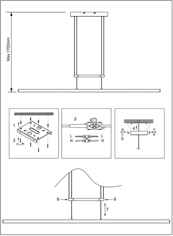 Hanglamp Profilo 3318ST van Steinhauer van staal, 150 cm breed, hoogte instelbaar van 110 tot 170 cm, 2100 lumen, modern design voor binnengebruik