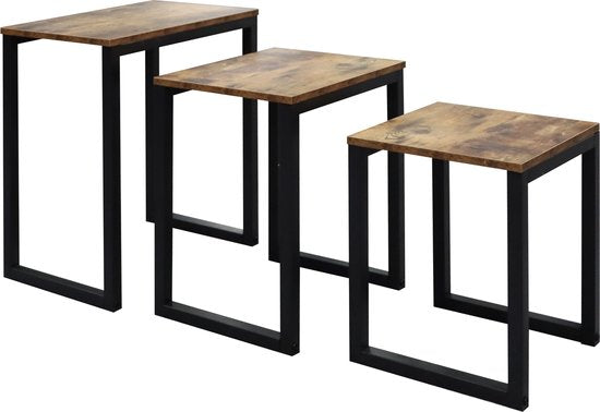 Industriële Zwart-Bruine Bijzettafel Set van 3: Stijlvol en Ruimtebesparend