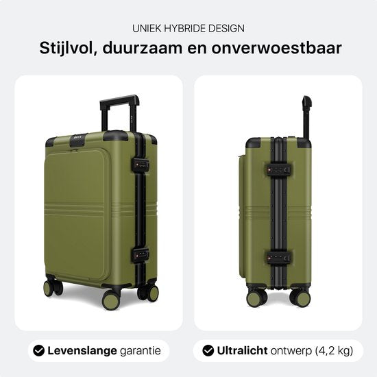 ONYX Hybrid Pro Handbagage Koffer met Voorvak 38 Liter - Gerecycled Polycarbonaat en Ritsloos Design - Reiskoffer met TSA slot en Spinner wielen - Lichtgewicht Trolley met Laptopvak - Olive Green