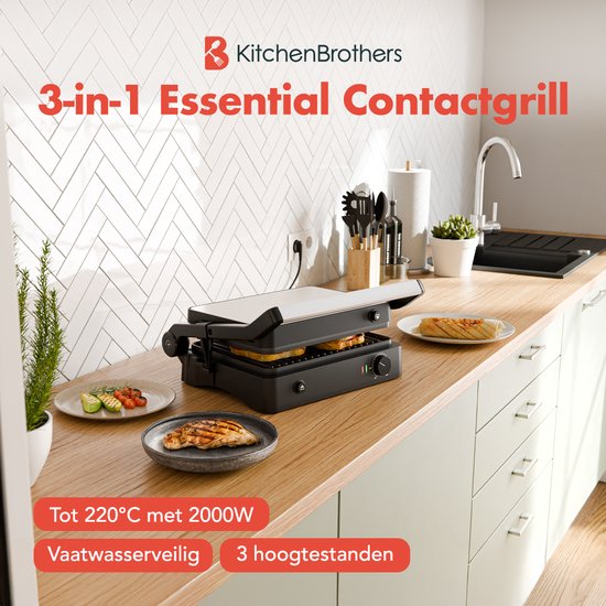 KitchenBrothers Contactgrill - Grill Apparaat - Uitneembare Grillplaten - Panini Grill - 3 hoogtestanden - Tosti ijzer - 2000W - RVS