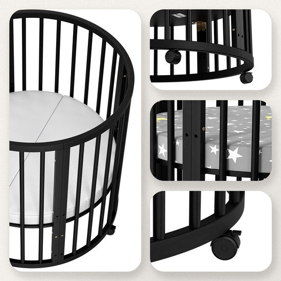 Flowsense Baby Box – Ronde Speelbox - Grondbox - Kinderbox - Playpen – Met Matras – Verstelbare Hoogtes – Wielen - Zwart