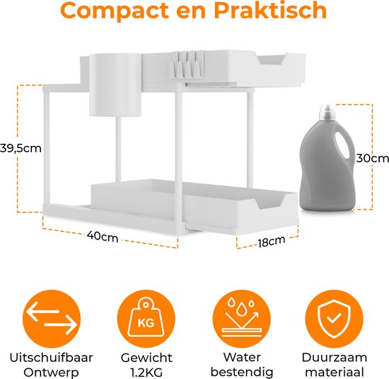Posity Gootsteenkast Organizer - Keukenkastje Organizer - Schuiflade - Kast Organizer - Badkamer Organizer - Aanrecht Organiser - 2 Uitschuifbare Lades - Wit