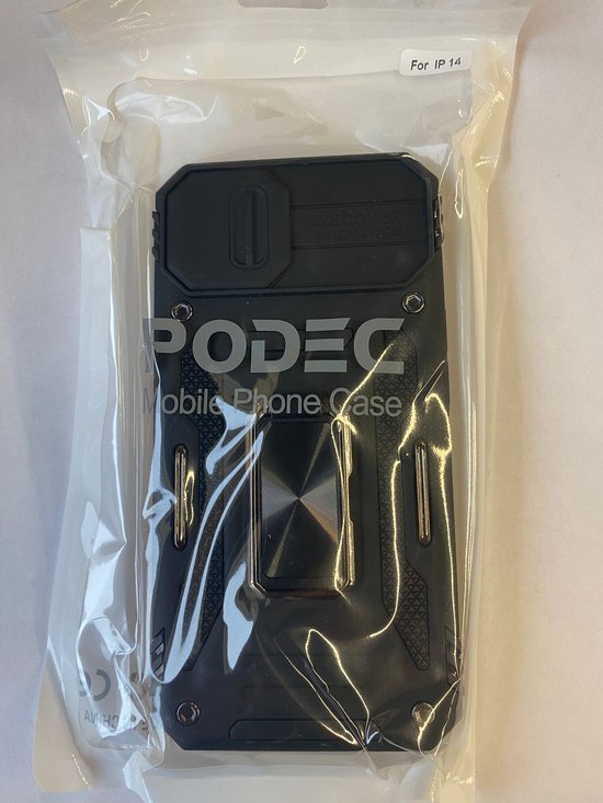 Podec Hoesje geschikt voor iPhone 14 Zwart Telefoonhoesje - Anti-Shock Case Cover Hybrid Armor Hoes met Kickstand Ring met Screenprotector