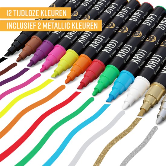 NAPI 12 Raamstiften - Afwasbaar - Krijtstiften voor Krijtbord & Raam - Omkeerbare Punt 3-6mm - Whiteboard Stiften - Whiteboardmarkers - Krijtstift Markers - Glasstiften - Krijtmarker - Porselein - Glas - 12 Kleuren