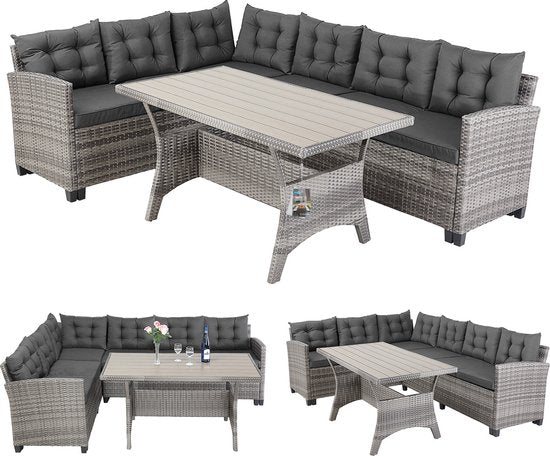 Casaria Loungeset - 6 Personen Eettafel Polyrottan – Grijs