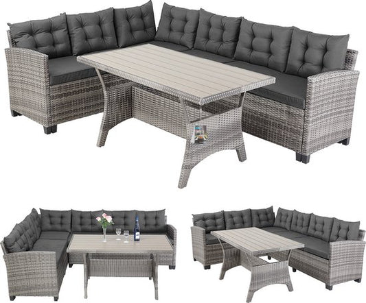 Casaria Loungeset - 6 Personen Eettafel Polyrottan – Grijs