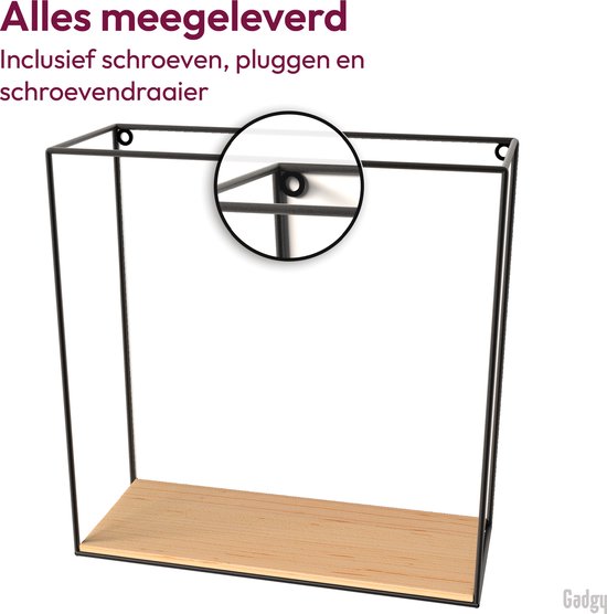 Gadgy Wandrekken Industrieel - Set van 3 - Vierkant Wandrek Zwart - Wanddecoratie Woonkamer - Muurdecoratie Hout - Wandplank zwevend voor Slaapkamer - 32, 27 en 22 cm
