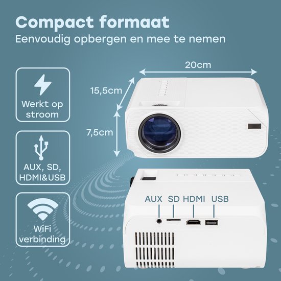 Audyn Beamer - Full Hd 1080P - Draagbare Mini Beamer - Draadloze Projector - Wifi en Bluetooth - Beamers - Hdmi, Usb en Aux - Wit