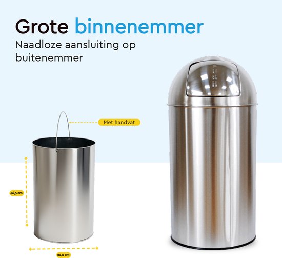 BRASQ Push Bin Prullenbak RVS Vuilnisbak met uitneembare afvalemmer 30 liter - Afvalbak - Prullenbakken