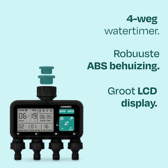 VONROC 4-weg watertimer – Besproeiingscomputer voor 4 zones – Instelbare bewateringstijd en -frequentie per zone