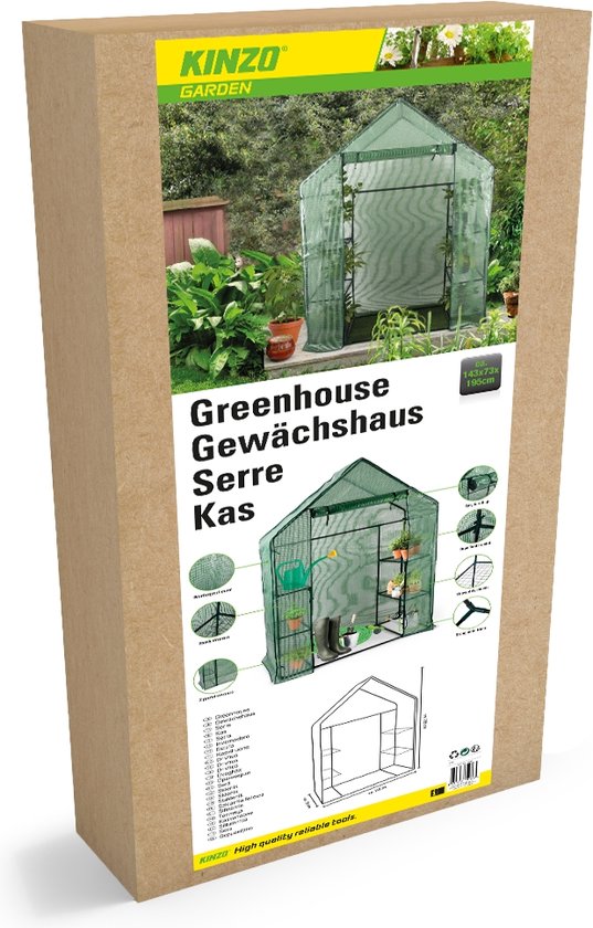 Kinzo Garden Broeikas - Plastic Kweekkas - Tuinkas met 3 Verdiepingen - Metalen Frame - Waterbestendige Hoes - 143 x 73 x 195 CM - Groen