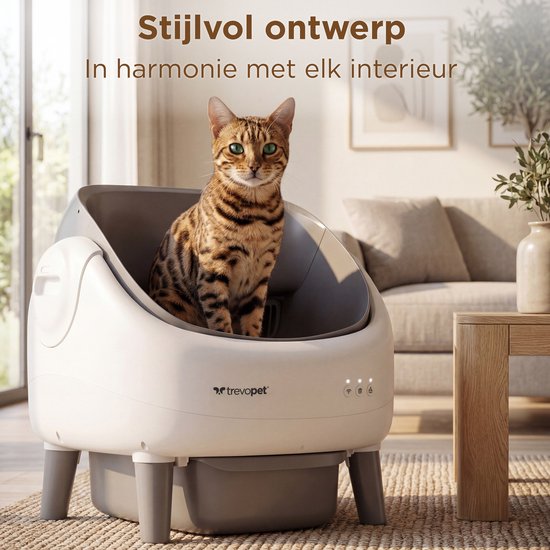 TrevoPet® Air - Automatische Kattenbak met App - Zelfreinigend & Veilig - Voor Katten tot 12KG - Incl. Mat, 60 Afvalzakjes & Accessoires - 10L Afvalbak - Wit & Grijs