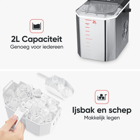 Kitchenwell IJsblokjesmachine - 1.3L - IJsblokjesmaker - IJsschep – 12kg/24 uur - Draagbaar - Zelfreinigingsfunctie - RVS