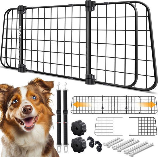 LovPet® Hondenrek Auto, Universele Auto Afscheiding, Verstelbare Breedte, Hoofdsteun Bagagerek Kofferbak Bescherming Afmetingen HxB 30 x 91-153 cm , + 2x Veiligheidsriem voor Honden - Zwart