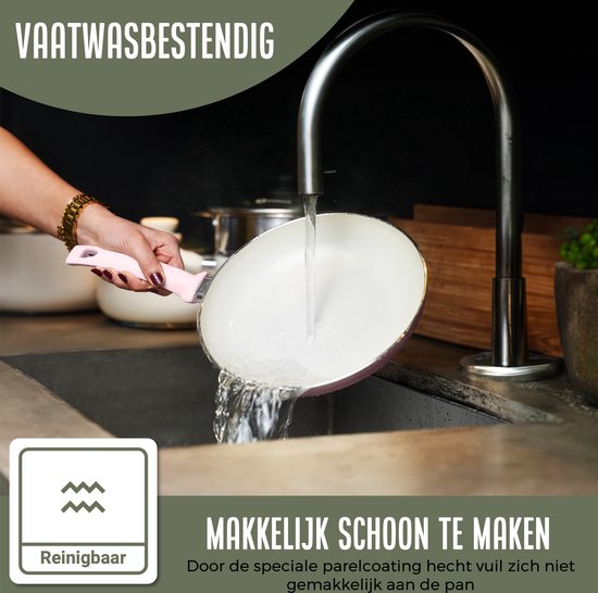 COOCK 19-Delige Pannenset - Speciale Anti-Aanbak Coating - Ergonomische Koudgrepen - Gerecycled Aluminium - koekenpannenset - kookpottenset - Lichtroze - Inclusief Onderzetters en E-book