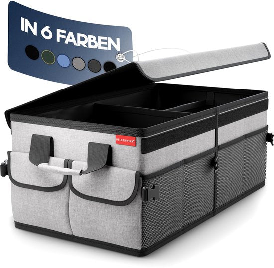 HELDENWERK Premium kofferbak organizer met deksel, stevig & antislip - Opvouwbare kofferbaktas, groot met dubbele bodem - Kofferbakbox, kofferbak organizer box