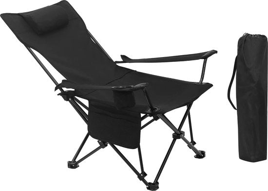 Campingstoel, inklapbare klapstoel, visstoel, lichte strandstoel, vouwstoel met rugleuning, bekerhouder, opbergtas, 150 kg belastbaar, zwart