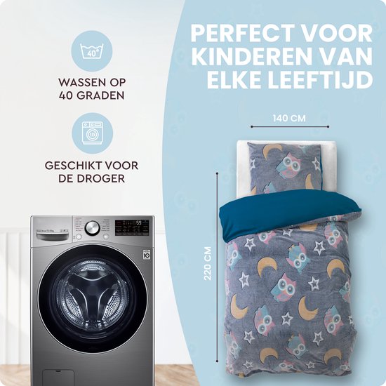 Sleeptime Glow in the dark Nachtuil Dekbedovertrek - 140X200/220 + 1 x kussensloop 60x70 - Blauw