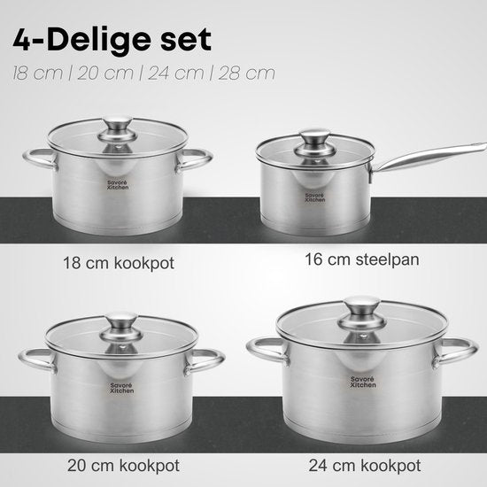 Savoré Kitchen 8-delige RVS Pannenset - Kookpannen met Glazen Deksel - Inductie Pannen - Afgietrand, Maatverdeling en Schenktuit