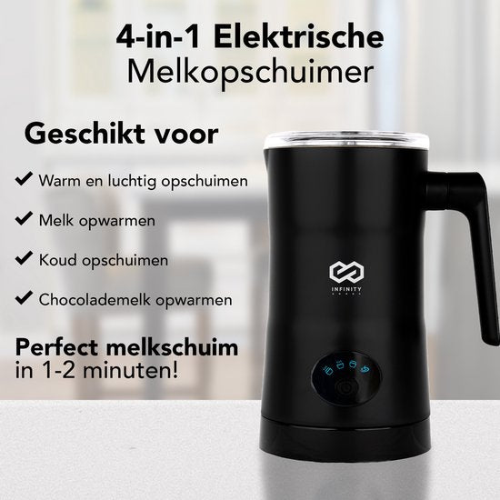 Infinity Goods 4-in-1 Elektrische Melkopschuimer - 350 ml - Opschuimen en verwarmen - Cappuccino - Vaatwasserbestendig - Zwart