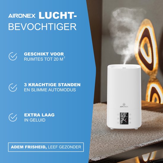 Aironex Luchtbevochtiger 3.8 Liter - Topfill - Aroma - Luchtbevochtigers - Humidifier - Geschikt voor Woonkamer, Kantoor, Babykamer, Slaapkamer