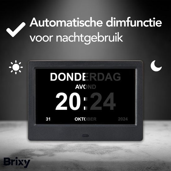 Brixy Dementieklok - 24 Alarmfuncties - Incl. Afstandsbediening - Automatische Dimfunctie - Kalenderklok - Zwart
