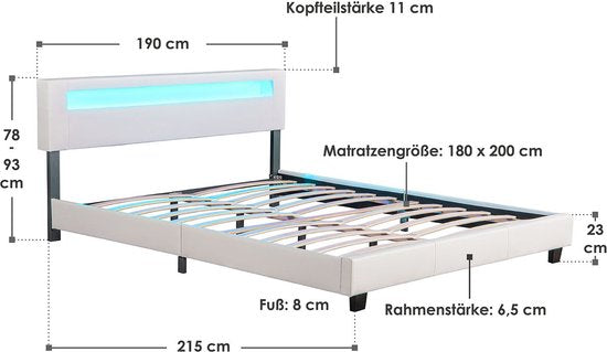 Gestoffeerd Bed Paris - 180 x 200 cm - Wit - LED Verlichting