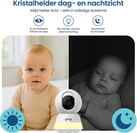 Gologi Babyfoon met Camera – Baby Monitor – Baby Camera - Op afstand bestuurbaar via App en Scherm - Wit