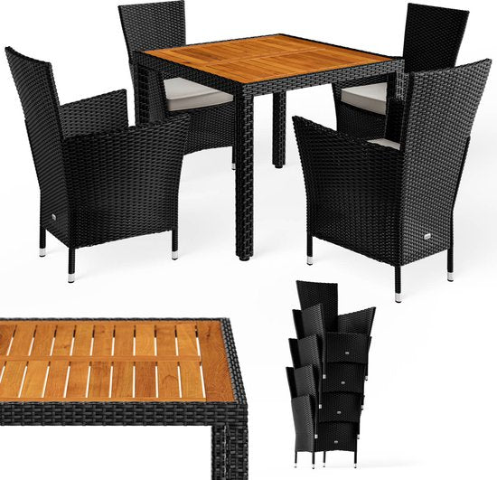 Casaria Tuinset - Tafel Acacia Polyrattan 150x90cm 4 Stoelen - Zwart