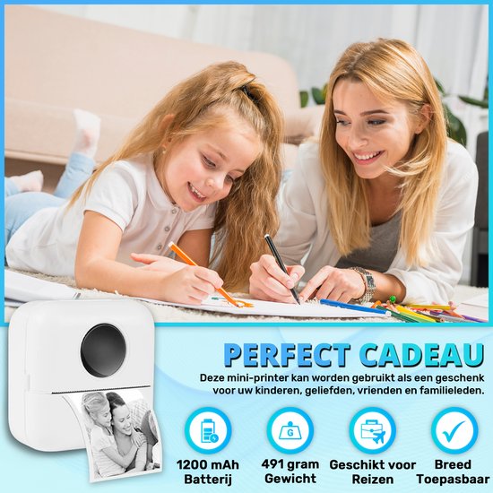Mini Printer voor Mobiel - Incl. 6 Papierrollen, 5 Stickerrollen, 3 Kleurrollen en Kleurpennen - Mobiele Pocket Printer - Zonder Inkt - Draadloos - Wit