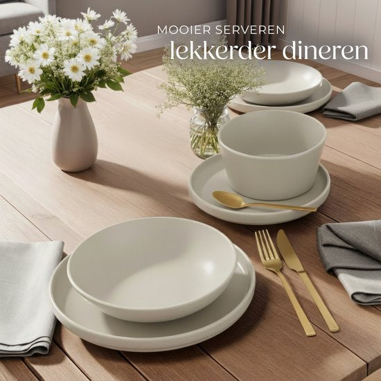 tectake® Serviesset Una - 24-delig - Aardewerk - 6 Persoons - Stijlvol en Duurzaam Servies - Bordenset met Grote en Kleine Borden, Kommen, Schaaltjes - Taupe