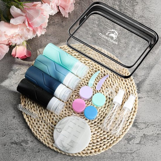 Travelhawk Reisflesjes met Etui - 16-delig - Reisset - Siliconen Reisflacons - Navulbaar - Reisaccessoires - Toilettas - reisaccessoires