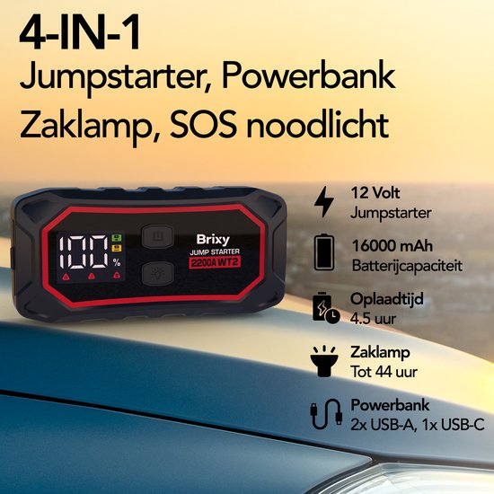 Brixy Jumpstarter voor Auto - 2200A / 16.000 mAH - 4-in-1 Starthulp - LED Zaklamp, SOS Noodlicht en Powerbank - Rood/Zwart