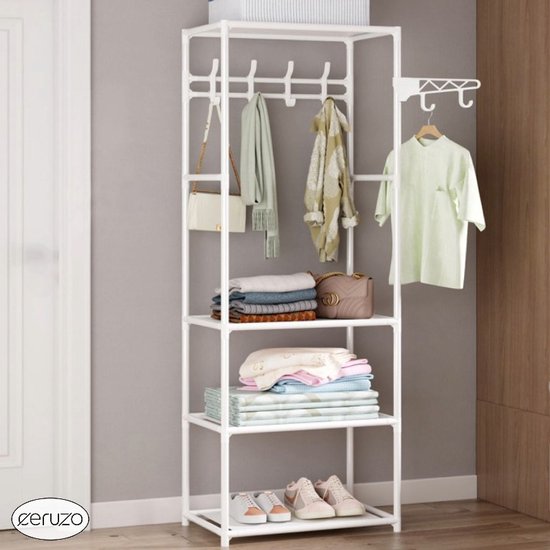 Kledingrek met 3 legplankjes - 55 x 36 x 170 cm - Metaal - Garderoberek - Ophanghaken - Wit