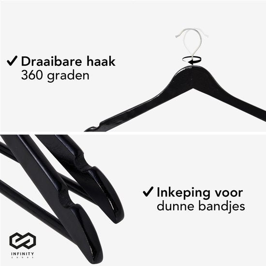 Infinity Goods 30 Houten Kledinghangers Zwart - Kleerhanger - Inkeping en Broeklat - Metalen Haak - Volwassenen - 30 Stuks - Zwart