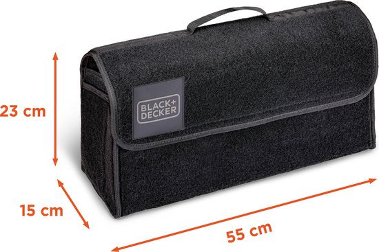BLACK+DECKER - Kofferbak Organizer - Kofferbak Tas - 55 x 15 x 23 CM - 1 Groot Vak en 2 Insteekvakken - Boodschappen en Auto Accessoires - Met Klittenband - Zwart