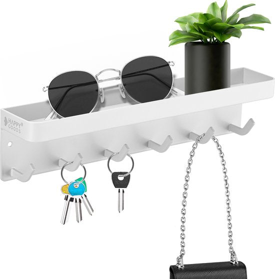 Happy Goods® Sleutelrekje Wit - Sleutelkastje voor Binnen - Zelfklevend - Sleutelhouder - RVS - Sleutel Organizer - Sleutelbord Modern - Sleutelrek inclusief Schroeven - Sleutelkastjes