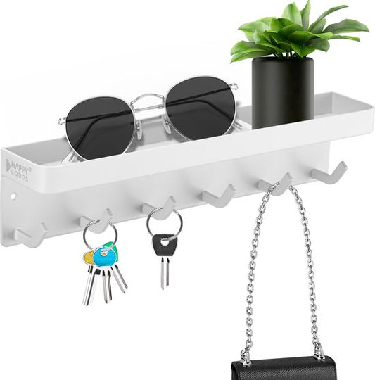 Happy Goods® Sleutelrekje Wit - Sleutelkastje voor Binnen - Zelfklevend - Sleutelhouder - RVS - Sleutel Organizer - Sleutelbord Modern - Sleutelrek inclusief Schroeven - Sleutelkastjes