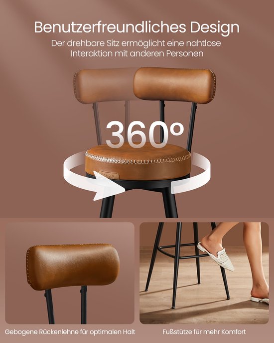 Barkruk – Set van 2 – Draaibare rugleuning – 65cm hoog- Karamelbruin