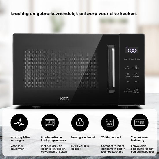 Saaf Magnetron - 20L - Touchscreen - 8 Programma's - Ontdooi Functie - Microgolfoven - Microwave - 700W - Zwart - Saaf