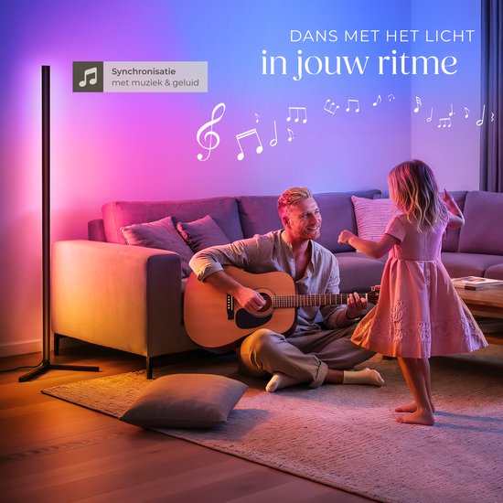 tectake® Slimme LED Vloerlamp Spectra - Hoeklamp met 16 miljoen Kleuren - 200 Lichteffecten - Staande Smart Lamp - 145 cm - Dimbaar - Bediening met App, Afstandsbediening, Knop en Spraak - Woonkamer Vloer Lamp - Sfeerverlichting