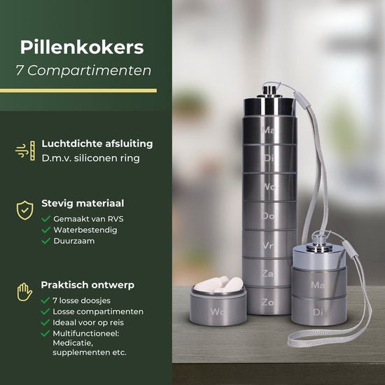 Gandria Pillendoos 7 Dagen - Uitneembaar Pillendoosje - Pillesdoosjes met 7 Compartimenten - Medicijndoos met Stevige Sluiting - Koker - Waterdicht - Grijs