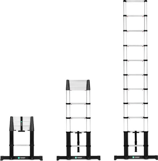 VONROC PRO telescoopladder - 3,20 meter - goedgekeurd volgens EU - en NL veiligheidsnormen - softclose - geïntegreerde muursteunen en dwarsbalk voor meer grip en veiligheid