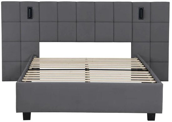 Juskys – Polsterbed Luzano – 140 x 200 cm – Voorzien Van LED-Leeslampjes En Gecapitonneerd Hoofdbord – Voor Slaapkamer En Logeerkamer – Donkergrijs Fluweel