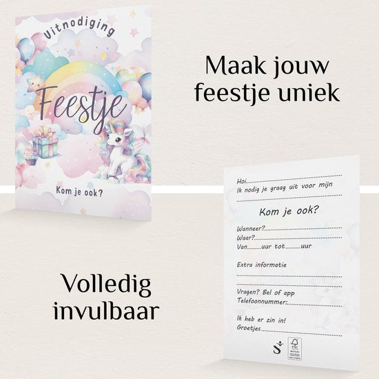 Systemyze 15x Uitnodiging Kinderfeestje Meisje – Uitnodigingskaarten Verjaardag – Thema Unicorn – A6 Formaat