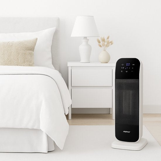 Alpina Keramische Ventilatorkachel KPT-2402D – Voorzien Van Timerfunctie En Luxe Afstandsbediening En Automatische Zwenkfunctie – Voor Slaapkamer En Werkkamer – Zwart En Wit Kunststof – 2000W