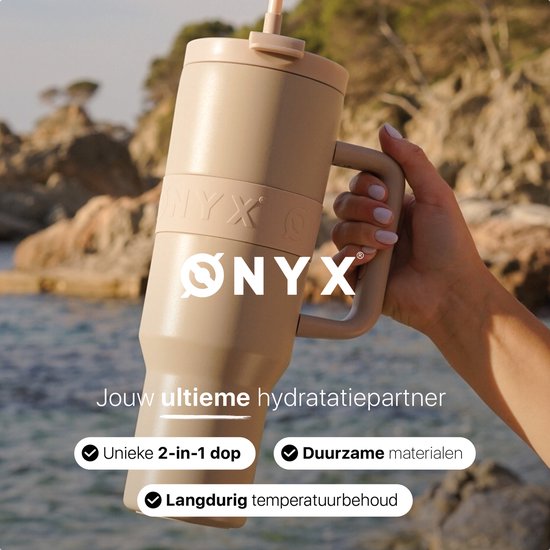 ONYX Drinkfles met Rietje 1 Liter - Waterfles voor Kinderen & Volwassenen - Thermosbeker RVS Travel Mug - Motiverende Drinkbus - Drinkbeker voor School - Sand Beige